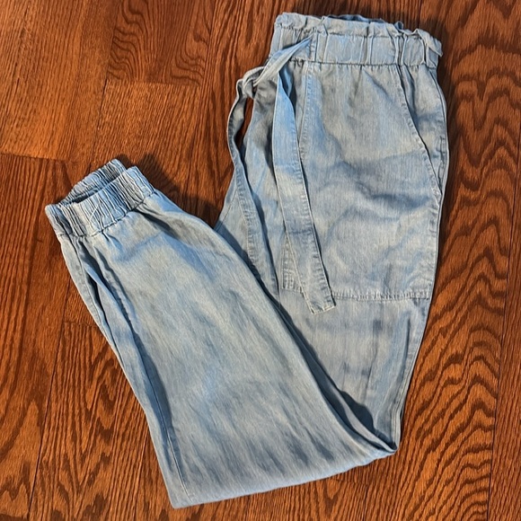 pink woman Pants - Denim Blue Drawstring organic RAYON jogger Pants pull on elastic waist belt Med
